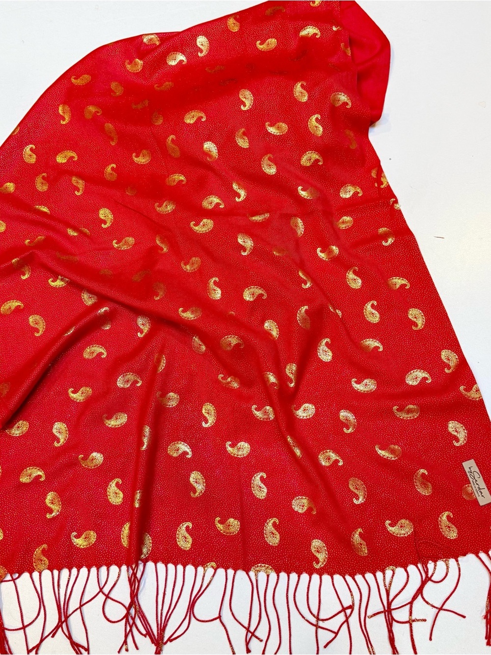 Red Paisley Fringe Wrap with Metallic Gold Paisleys